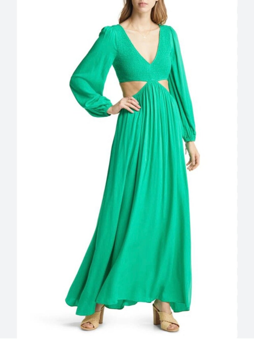 Vici Collection Smocked Cutout Long Sleeve Maxi Dress in Green
